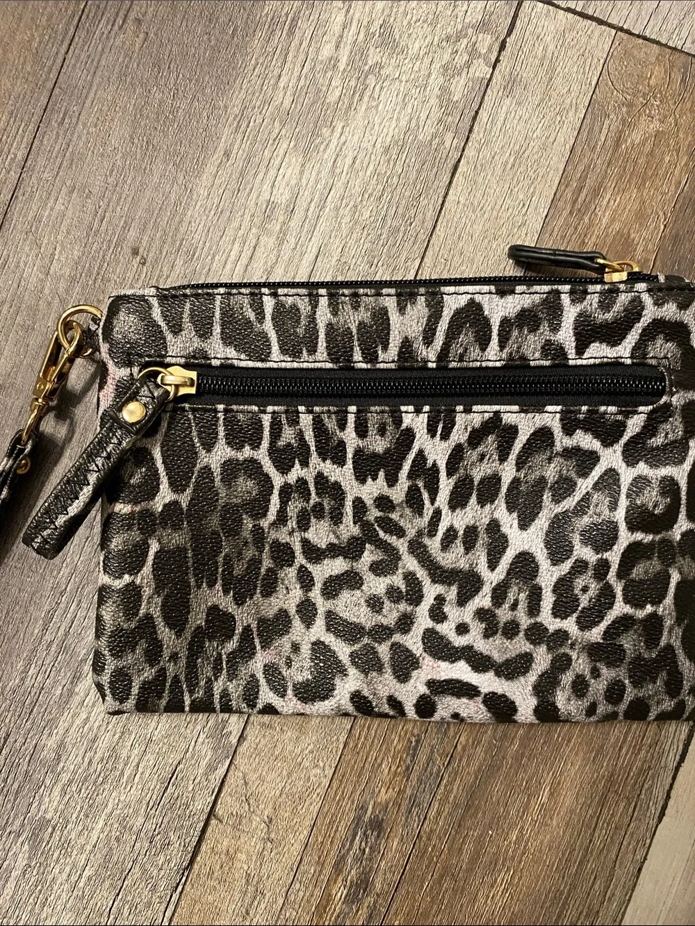 Leopard Print Wristlet Clutch with Gold Emblem